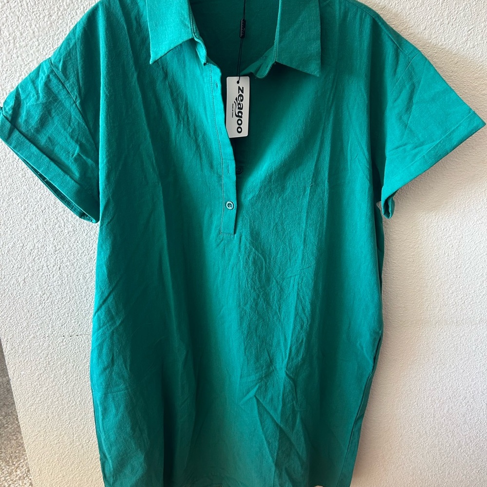NWT Zeagoo 100% cotton Green Short Sleeve Shirtdress Sz L